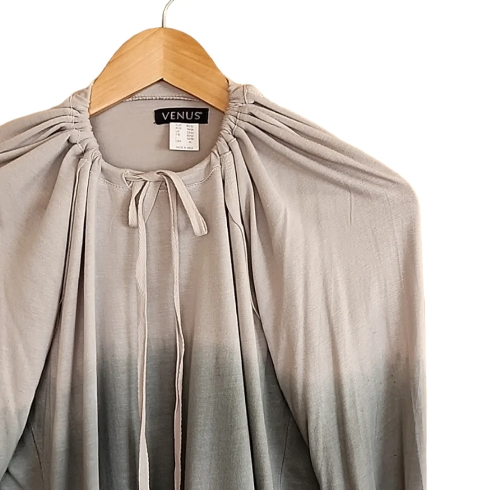 VENUS Gray Ombre Tie Dye Top XL Long Sleeve Cinch Neck Casual Shirt